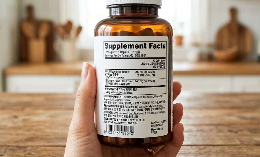 실리마린 130mg 함량을 꼼꼼하게 확인하는 모습