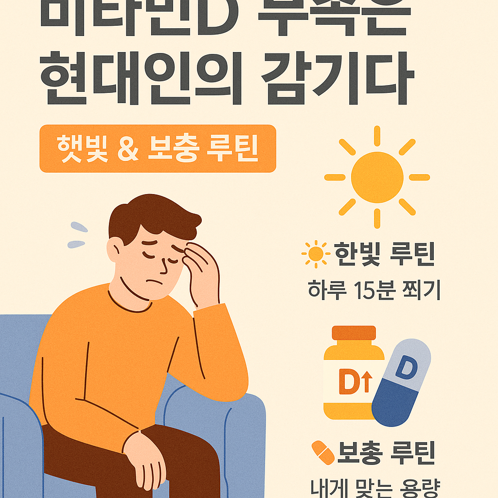 비타민D 부족과 면역력 저하의 연관성을 설명하고 햇빛 노출과 보충제 루틴을 안내하는 한국어 인포그래픽 이미지로, 연어, 햇빛, 보충제 등 요소가 포함된 플랫 스타일 일러스트