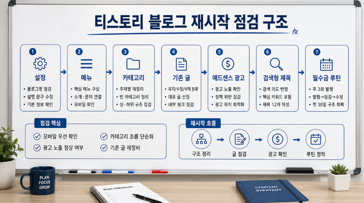 티스토리 블로그 재시작을 위한 설정 메뉴 카테고리 기존 글 광고 노출 점검 구조 이미지
