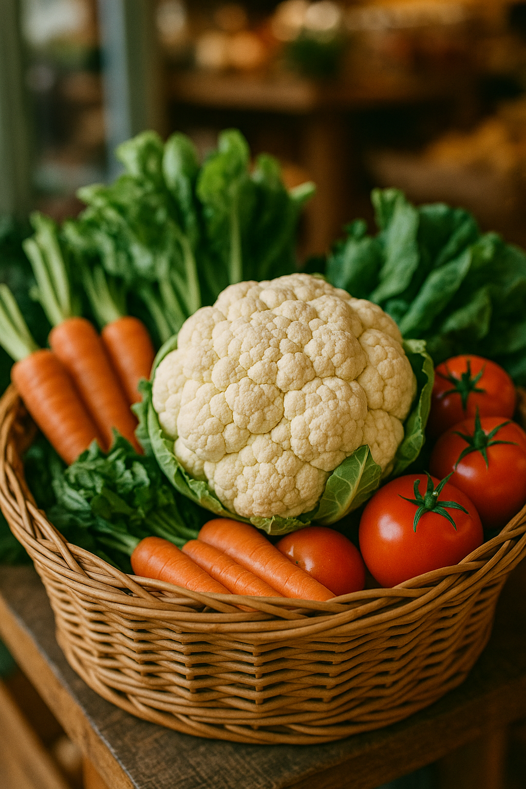 장바구니에 담긴 신선한 칼리플라워와 채소들