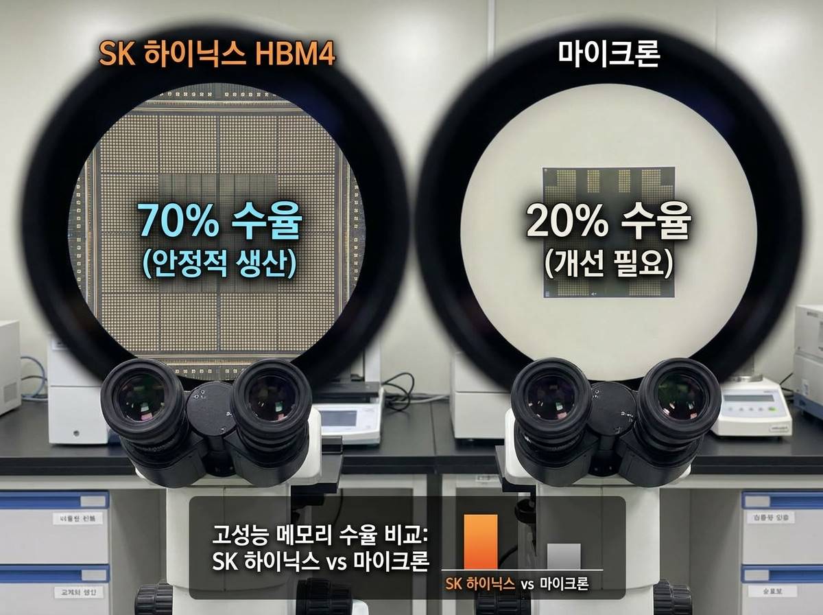 SK하이닉스의 HBM4 칩셋(수율 70%)과 마이크론의 칩셋(수율 20%)이 비교되는 실험실 현미경 인포그래픽