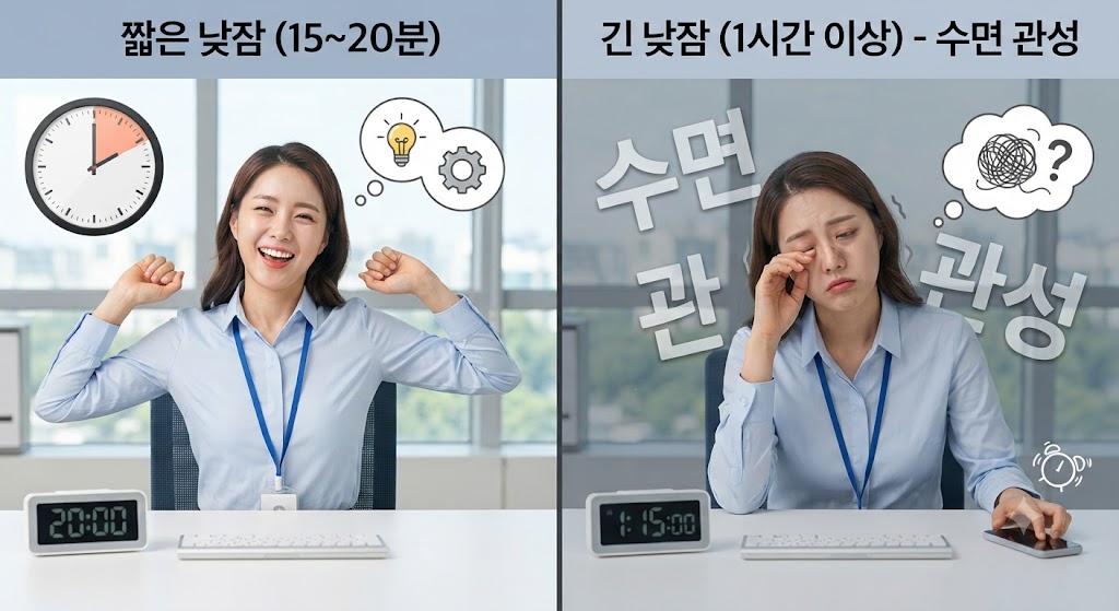 15~20분의 짧은 낮잠은 상쾌한 각성 효과를 주는 반면, 1시간 이상의 긴 낮잠은 수면 관성으로 인해 피로와 몽롱함을 유발하는 차이를 비교한 일러스트