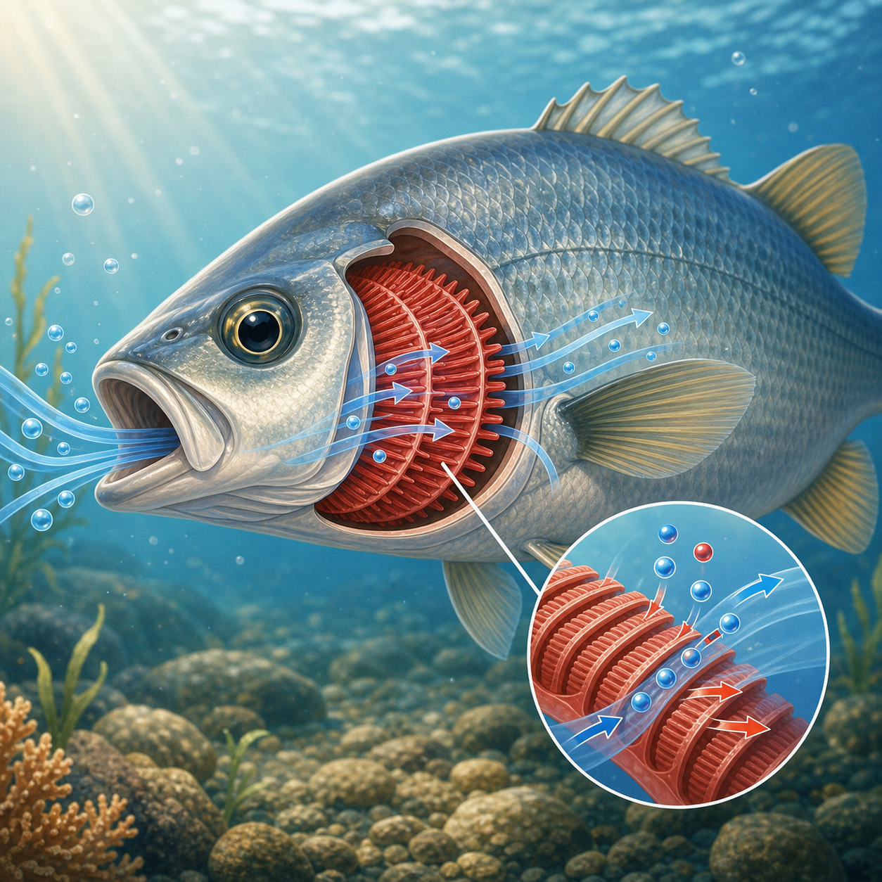 Fish underwater with visible gills for an easy science reading passage