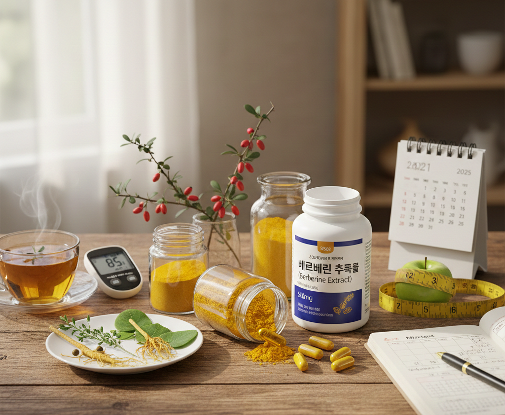 베르베린 영양제와 혈당 측정기, 강황 등 혈당 관리 건강보조식품 구성