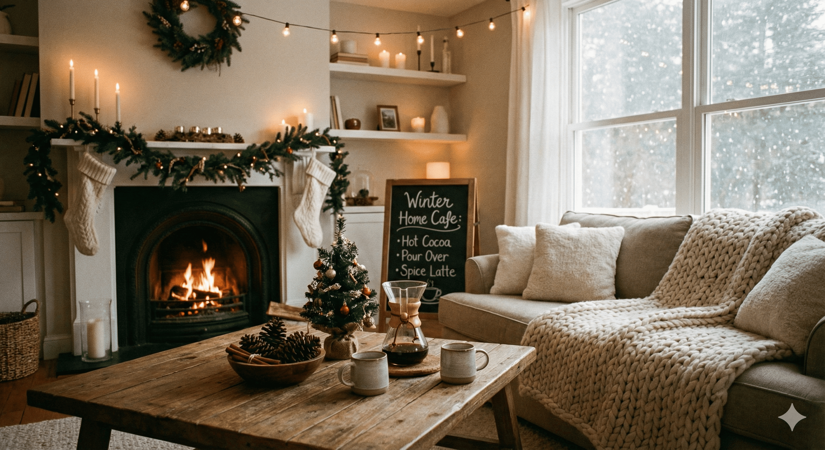 cozy home cafe style living room with winter decor
