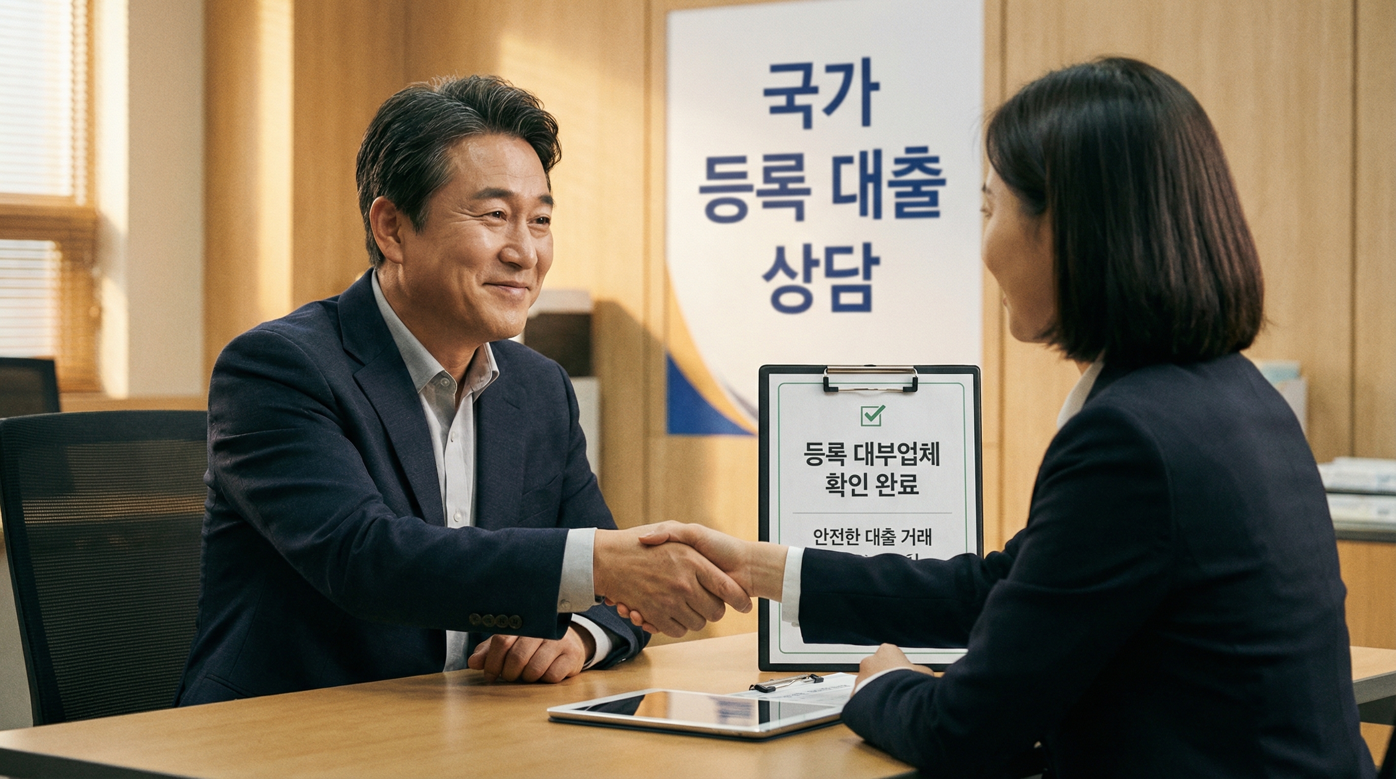 안전한 대출 거래를 위해 등록 업체를 확인하고 안도하며 악수하는 금융 소비자의 모습