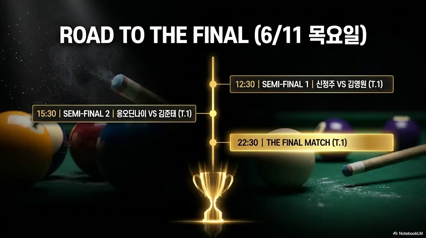 2026 하이원리조트 PBA 챔피언십 4강 대진표 6월 11일 목요일 - 세미파이널1 12시 30분 신정주 VS 김영원, 세미파이널2 15시 30분 응오딘나이 VS 김준태, 결승 22시 30분