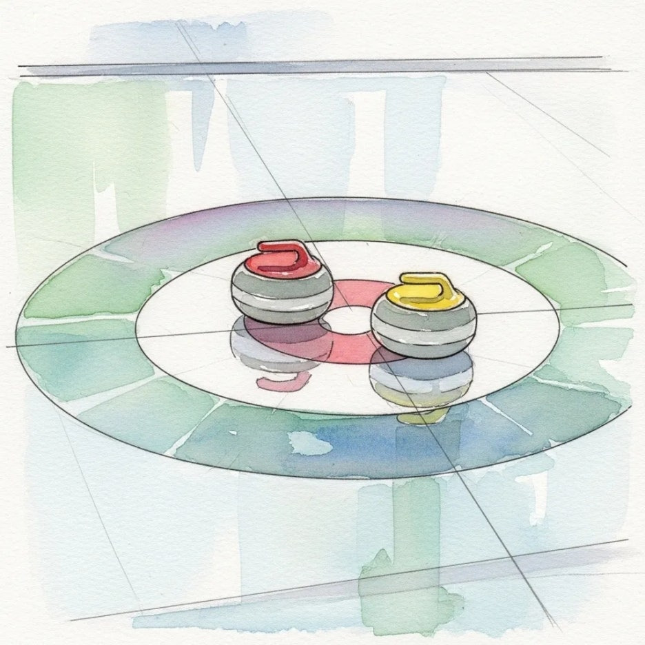 하우스 근처에 놓인 빨간색, 노란색 컬링 스톤