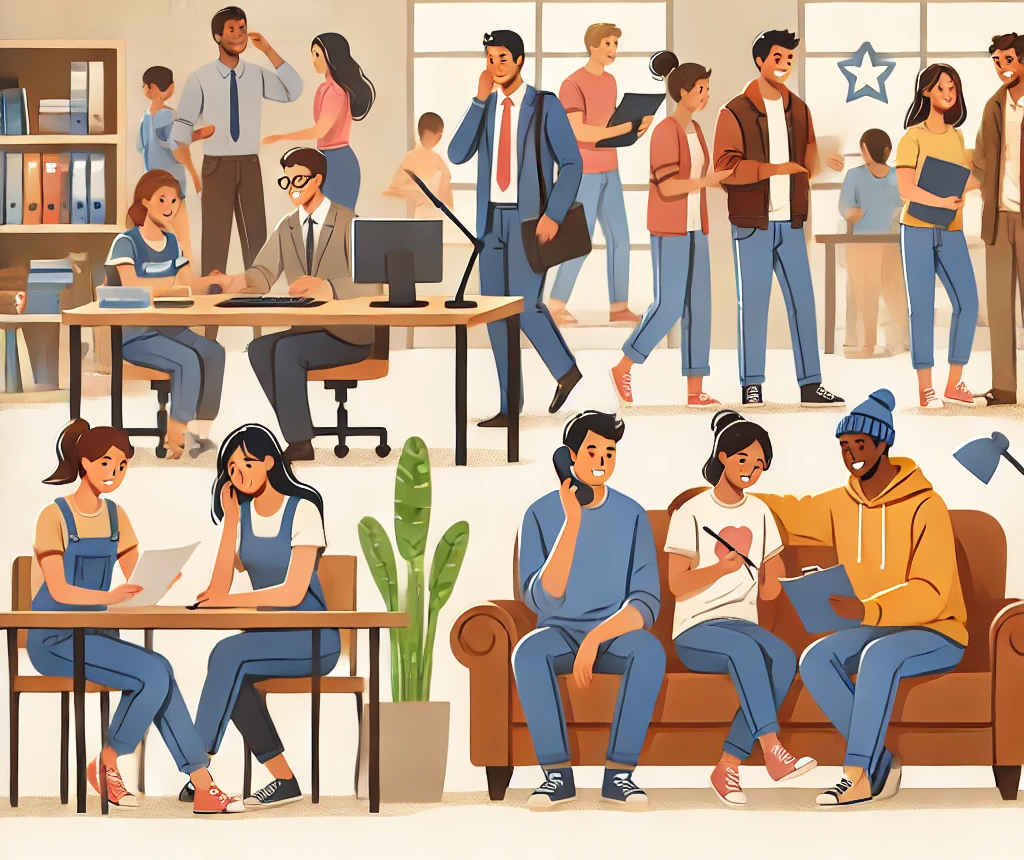 학생들 처럼 보이는 사람들이 앉아있거나 서있는 ai이미지