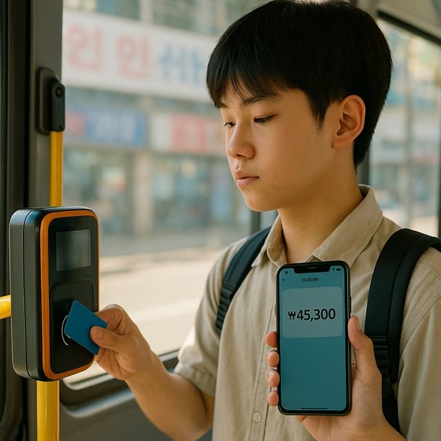 버스에서 교통카드 태그하는 청소년과 지역화폐 잔액