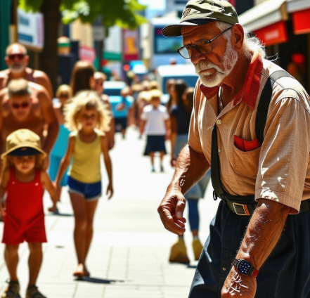 더운 여름의 열기로 힘들어하는 노약자
