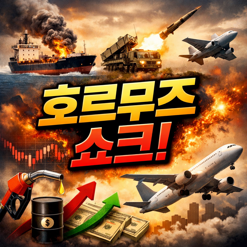 호르무즈 해협 리스크와 국제유가 급등, 항공기와 유조선, 증시 변동성을 함께 표현한 경제 이슈 썸네일 이미지