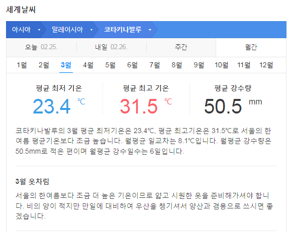 코타키나발루 3월 날씨 옷차림 추천 여행지