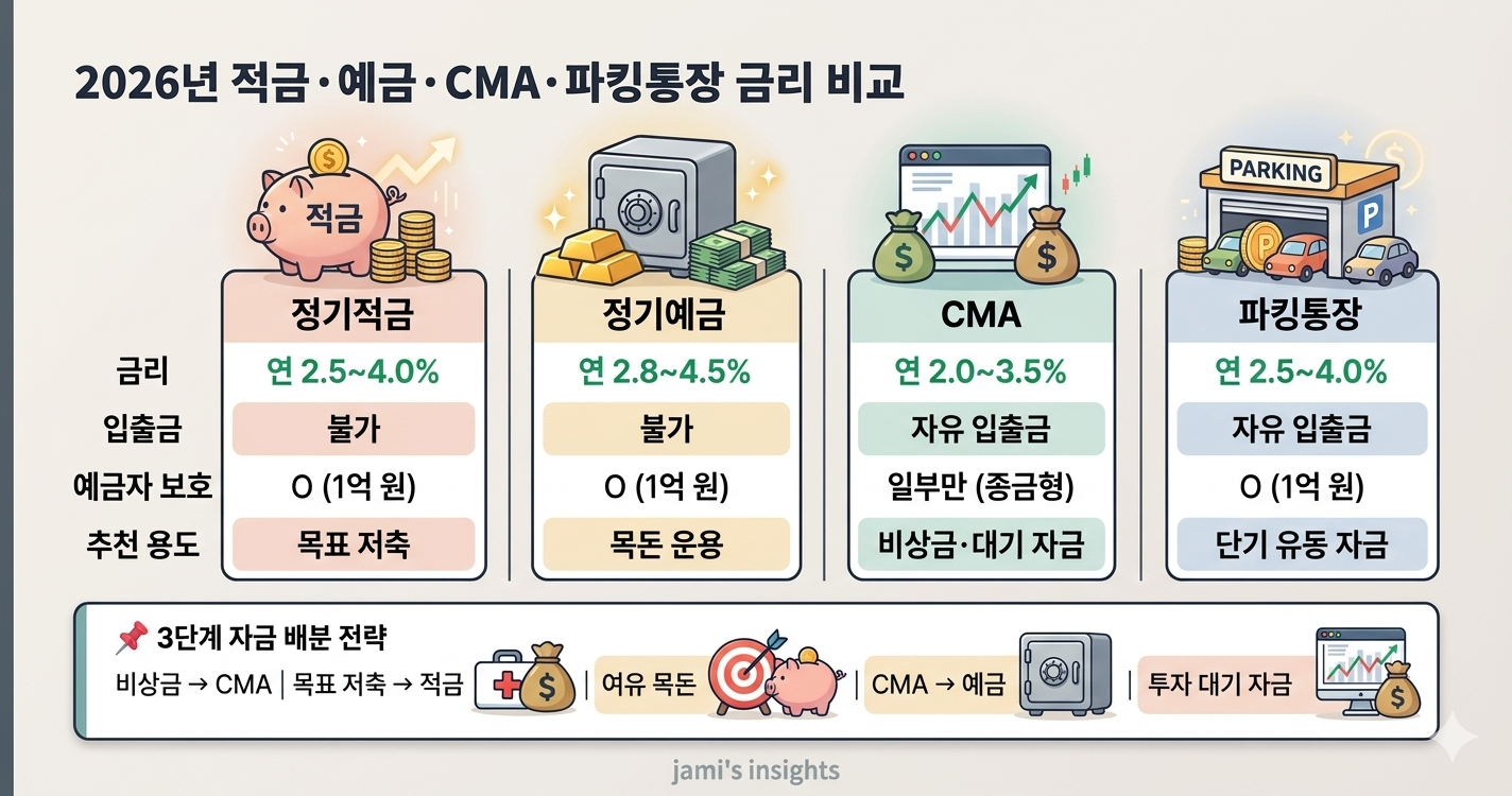 2026년 적금 예금 CMA 파킹통장 금리 예금자보호 입출금 비교 이미지