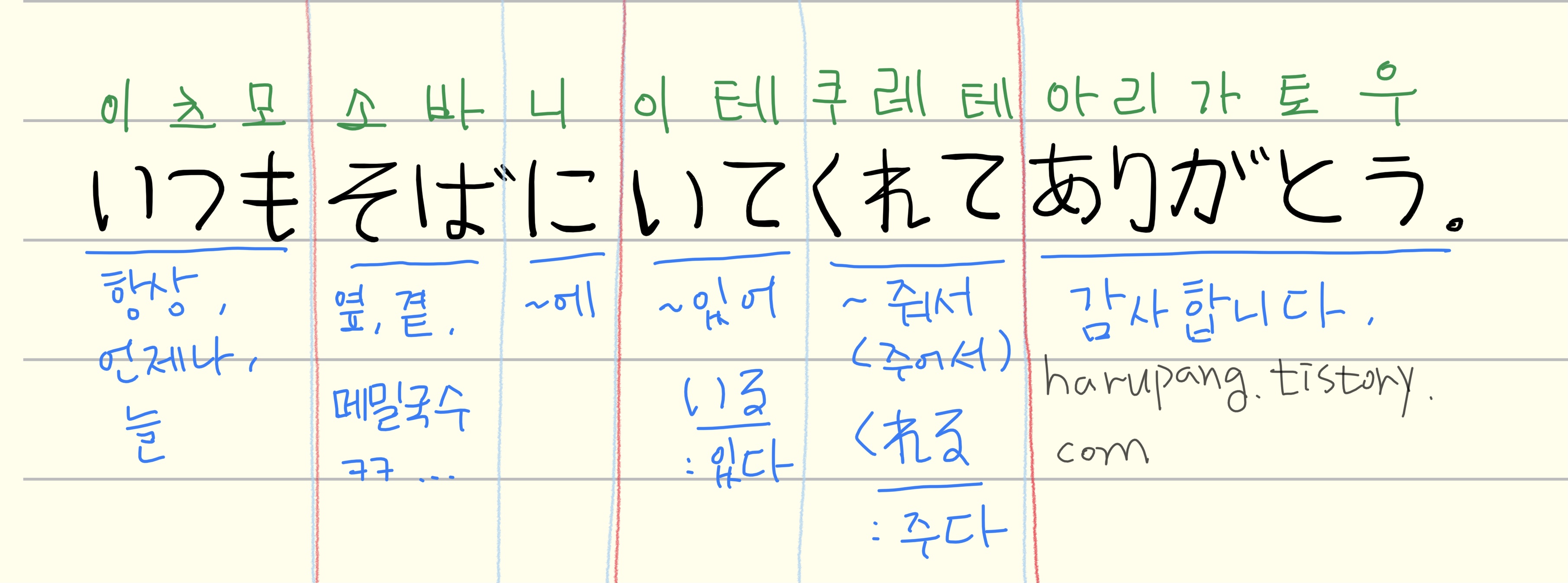 일본어 '항상 곁에 있어줘서 고마워','いつもそばにいてくれてありがとう.' 해석과 단어 분석하여 정리한 노트