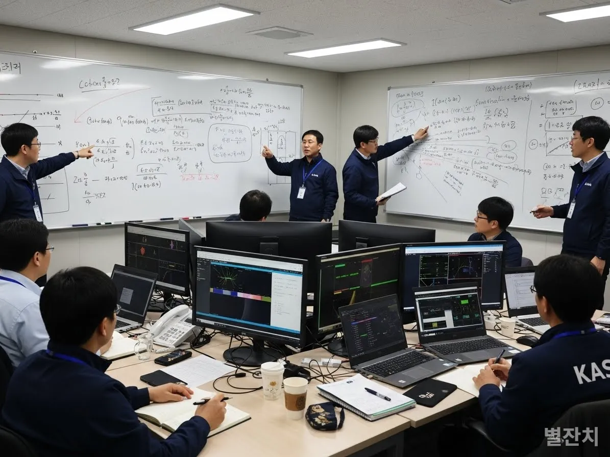사천 우주항공청 임시청사 내부에서 열정적으로 토론하며 로켓 궤도를 연구하는 한국 연구원들의 모습