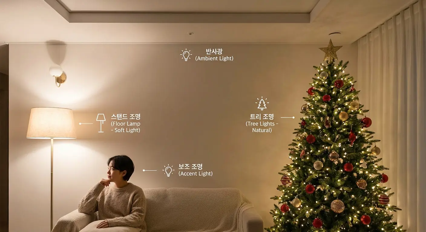 사람과 크리스마스 트리를 함께 촬영하기 위한 조명 배치 예시 이미지. 인물 옆에는 스탠드 조명이&amp;#44; 뒤쪽 벽에는 은은한 조명이 켜져 있다