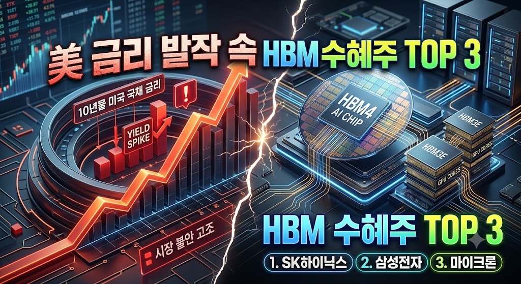 미국 국채 금리 그래프와 AI 반도체 웨이퍼 칩이 대비되는 3D 입체 그래픽 이미지 (텍스트: 美 금리 발작 속 HBM 수혜주 TOP 3)