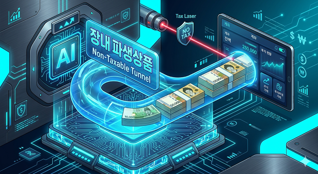 거대한 인공지능 반도체 웨이퍼 자산 위로 70%의 주가 상승 에너지는 우상향 통로로 시원하게 흘려보내고 30%의 안전 옵션 밸브를 통해 황금빛 월배당을 기계적으로 변환해내는 스마트한 커버드콜 펀드 메커니즘 일러스트