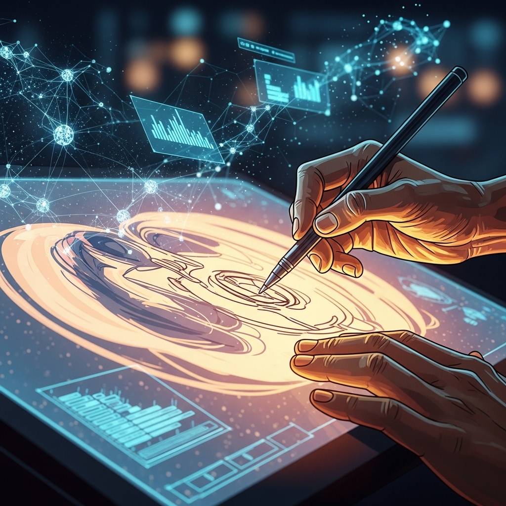 인간의 손이 디지털 캔버스에서 창작 활동을 하는 동시에, AI가 배경에서 창의적인 아이디어를 제안하며 협업하는 모습을 예술적으로 표현한 이미지.