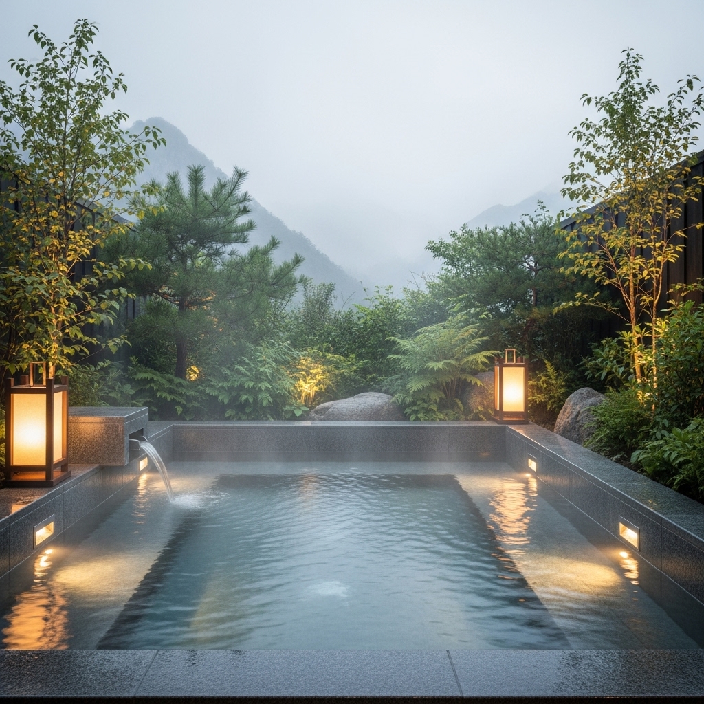 설악산 척산온천의 한적한 프라이빗 야외 온천탕에서 피어오르는 김이 아늑하고 평화로운 휴식을 선사하는 모습