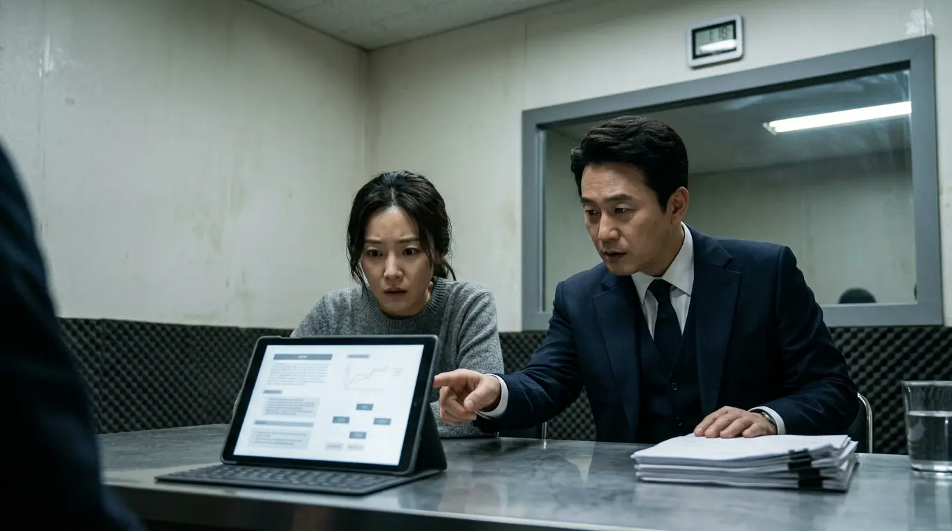 무겁고 긴장감 넘치는 경찰서 진술 녹화실 내부에서 불안한 표정의 여성이 정장 차림의 변호사와 나란히 앉아 조사를 준비하는 사실적인 풍경