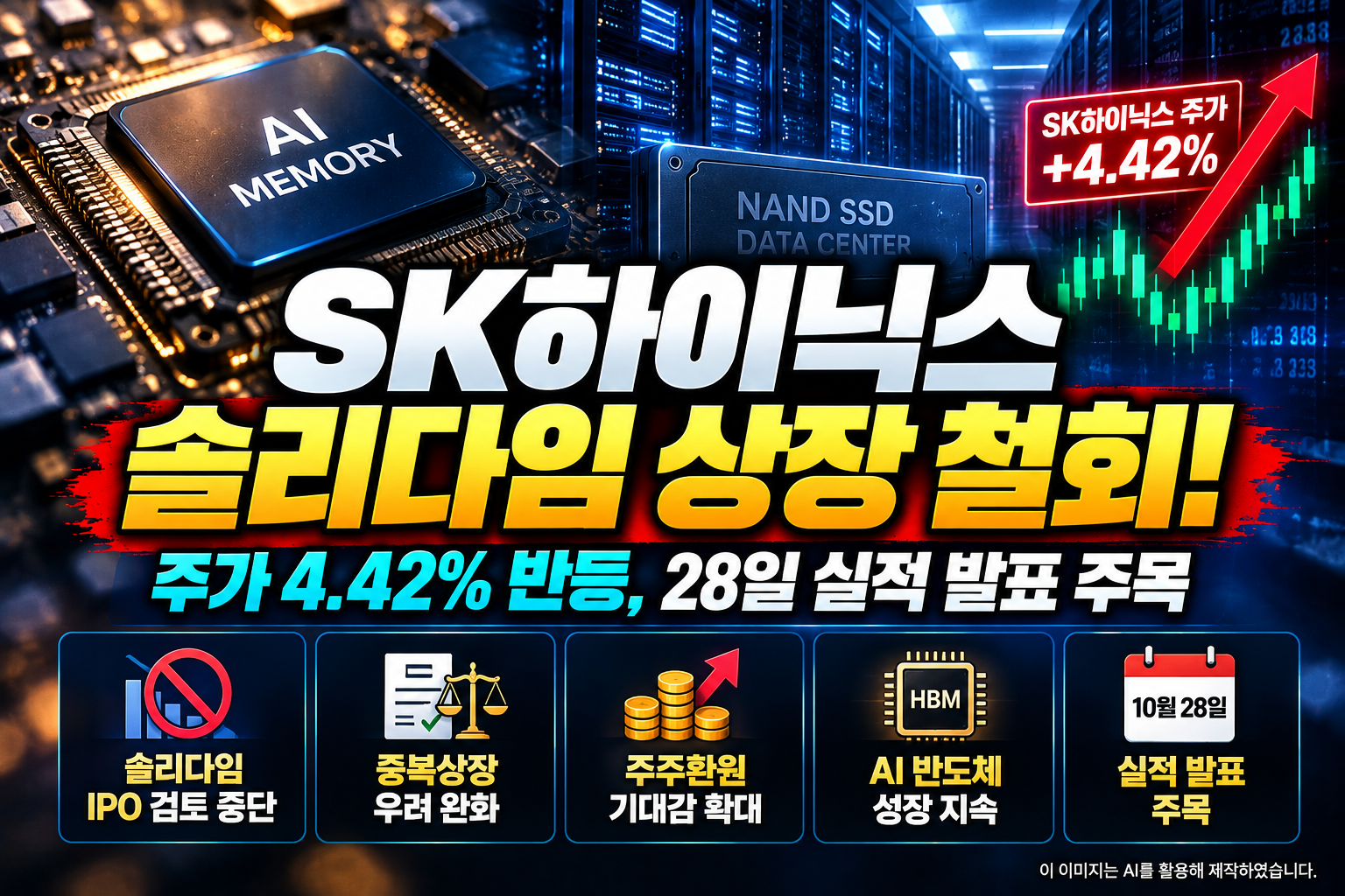 2026년 10월 SK하이닉스의 솔리다임 미국 IPO 검토 중단과 주가 4.42% 반등, 중복상장 우려 완화 및 10월 28일 실적 발표 전망을 나타낸 반도체 투자 분석 이미지