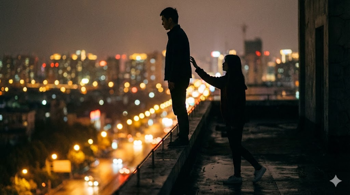어둑한 옥상 난간, 위태롭게 서 있는 남자의 뒷모습과 그를 향해 손을 뻗는 소녀의 실루엣. 배경에는 도시의 불빛이 보케(bokeh) 효과로 흐릿하게 표현되어 인물에게 집중되는 구도.