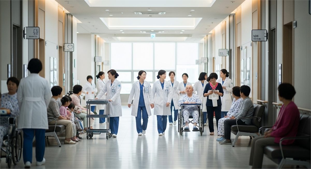 진료가 필요한 상황을 떠올리게 하는 병원 복도 전경 