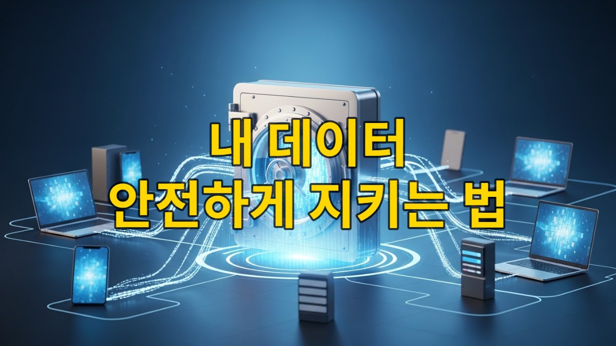 디지털 금고 주변으로 노트북, 스마트폰, 외장하드 등 기기들이 데이터 스트림으로 연결되어 있는 모습. 데이터 보안과 안전한 백업을 상징합니다.