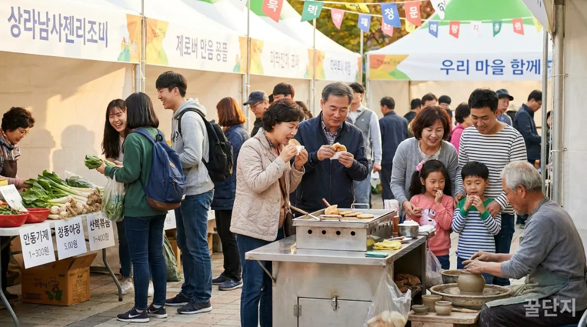 지역 축제에서 착한 소비를 실천하며 지역 경제 활성화에 동참하는 다양한 연령대의 사람들