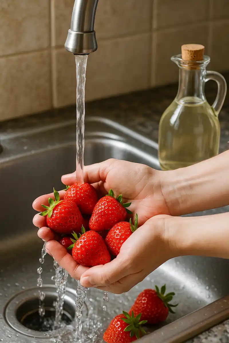 흐르는 물에 딸기를 씻는 손과 옆에 놓인 식초병 모습