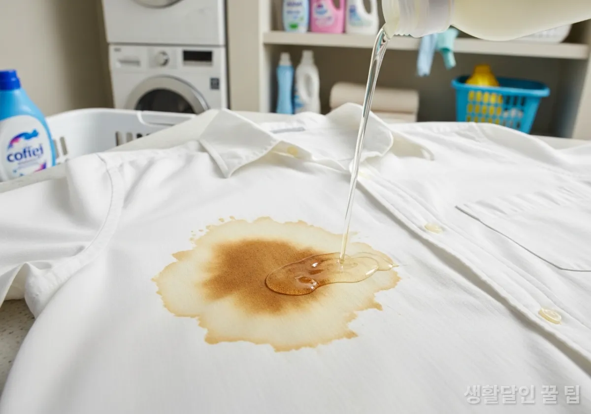 흰 옷의 얼룩을 치킨 무 국물로 제거하는 세탁 과정