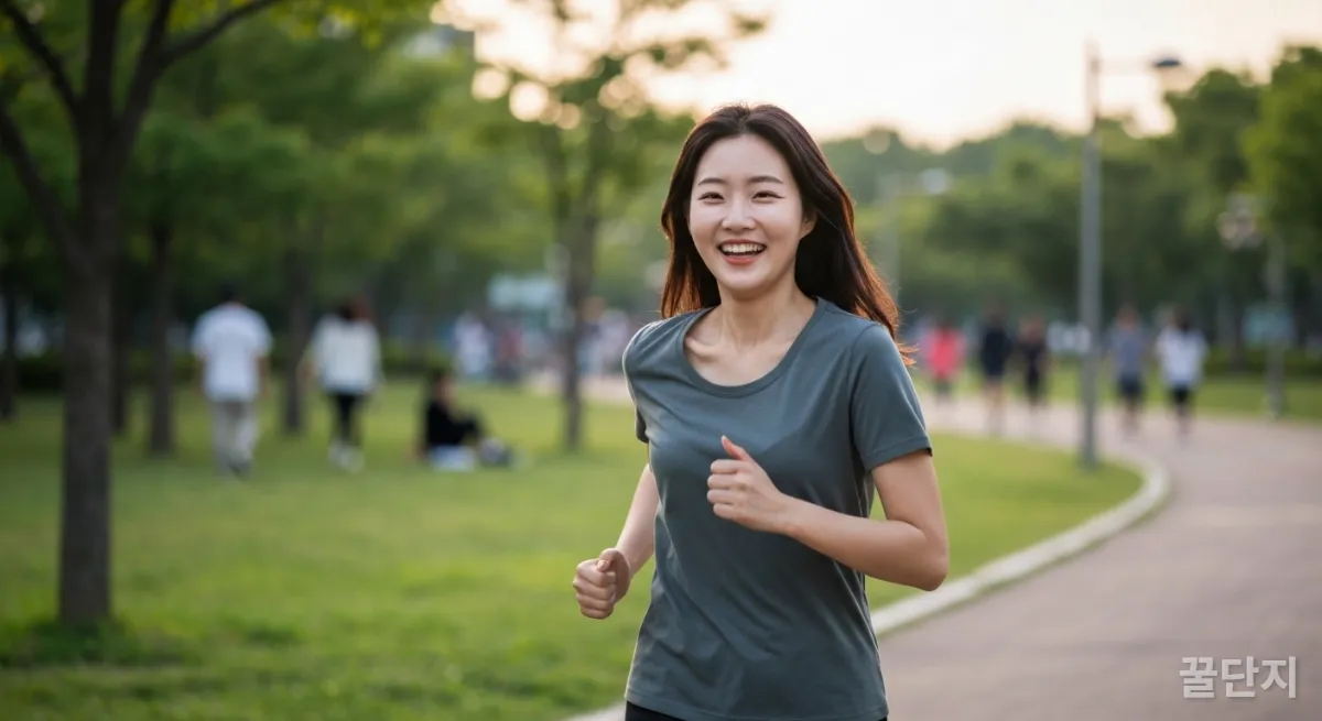 공원에서 활기차게 조깅하는 젊은 한국 여성