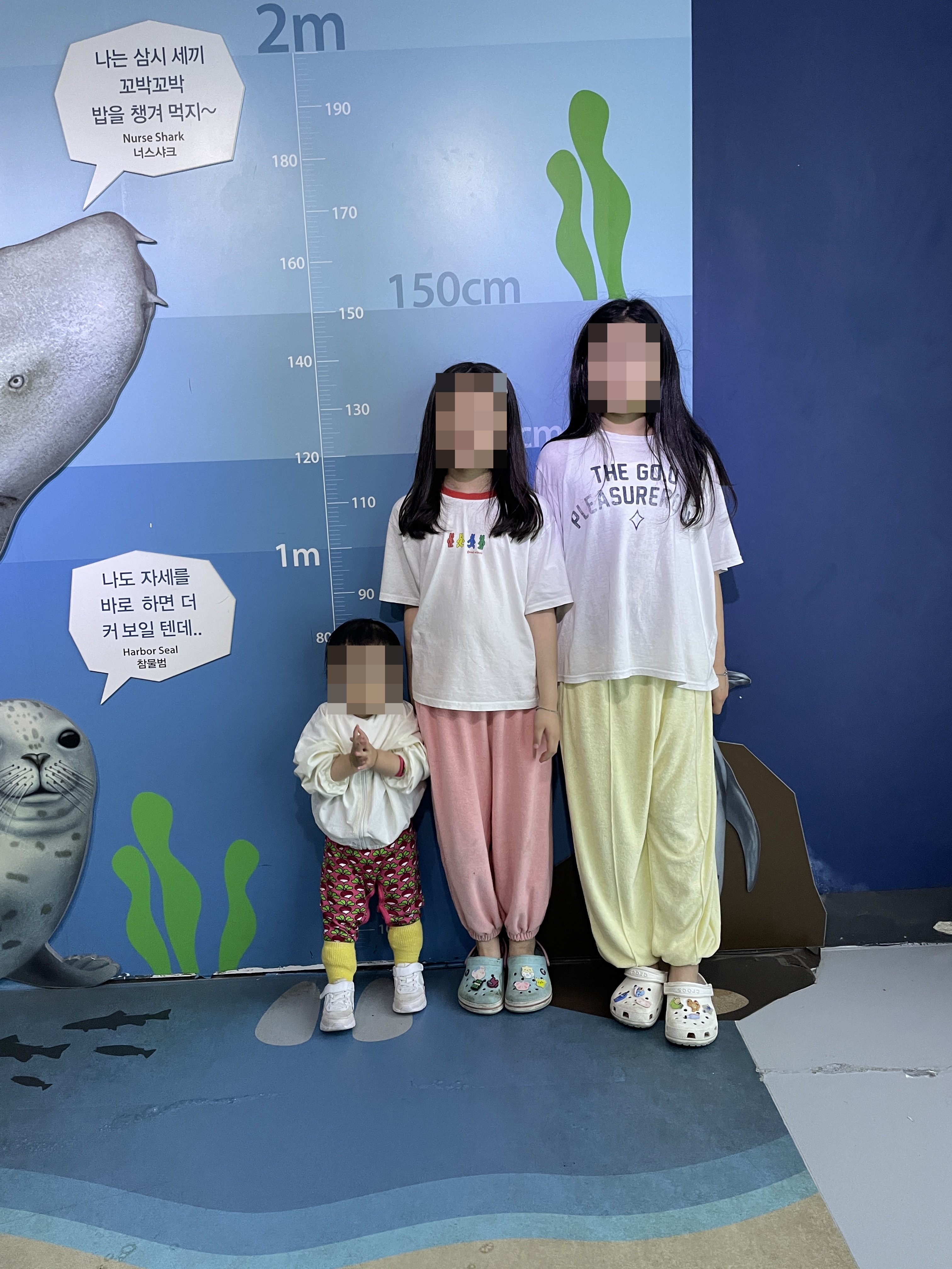 아이들의 키를 성장 눈금 앞에서 비교하는 모습