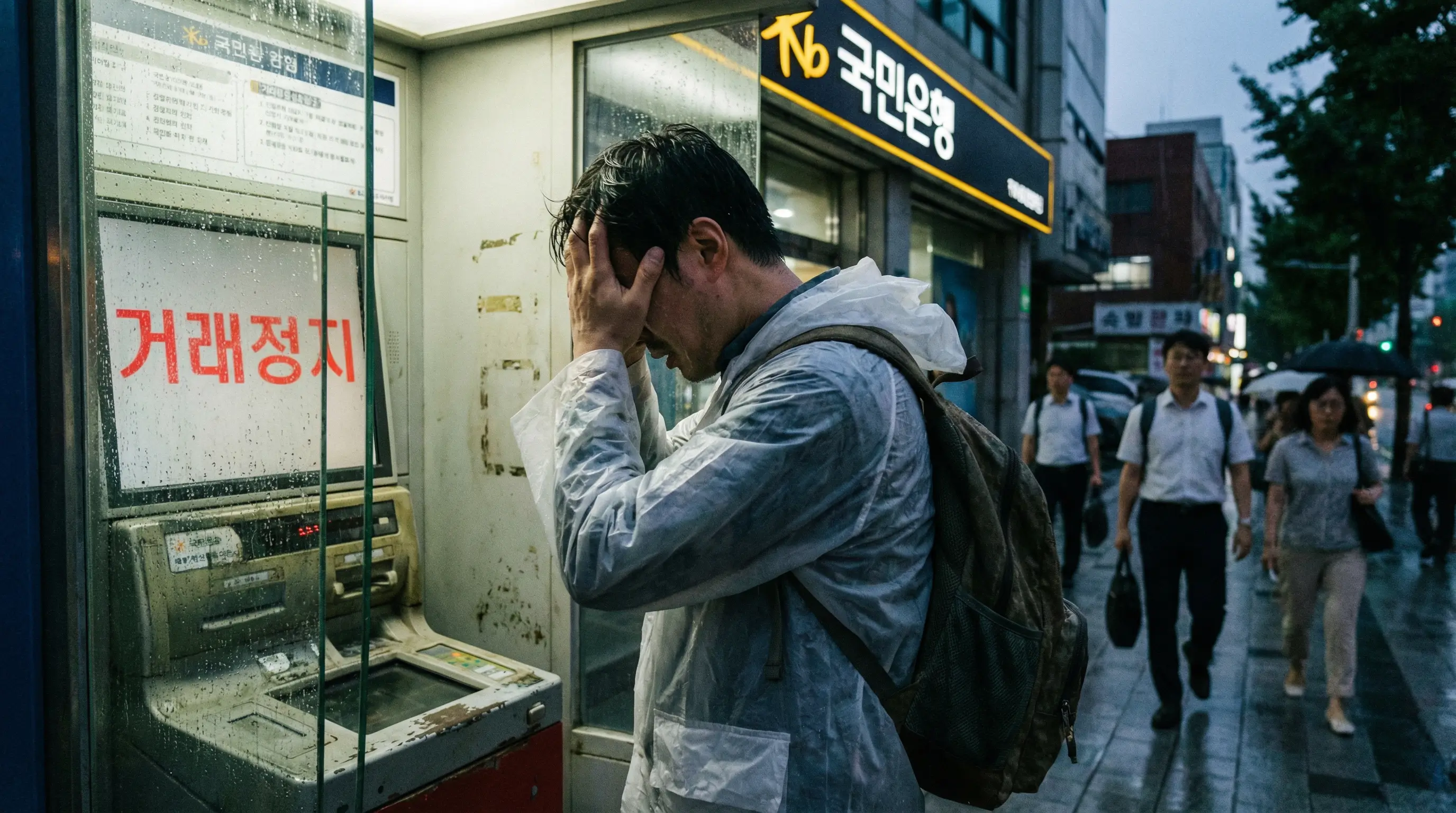 ATM 기기 앞에서 거래 정지 메시지를 보고 당황하여 머리를 감싸 쥐는 사용자의 모습