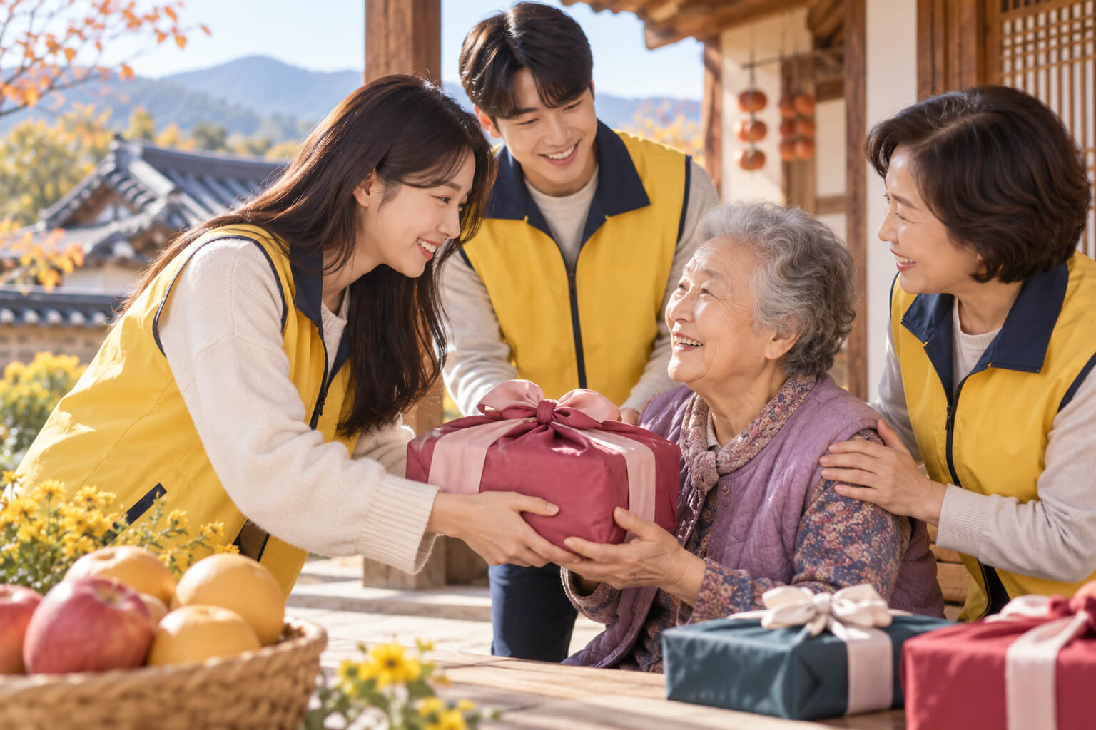 추석을 맞아 복지 관계자들이 어르신에게 명절 선물을 전달하며 함께 웃고 있는 모습