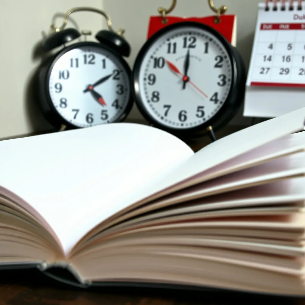 펼쳐진 서류 뭉치나 책에 아무 내용도 채워지지 않은 빈 페이지들이 가득한 모습을 그립니다. 마감 시한을 알리는 시계나 달력 이미지를 함께 넣어 시간 부족과 절박함을 강조합니다.