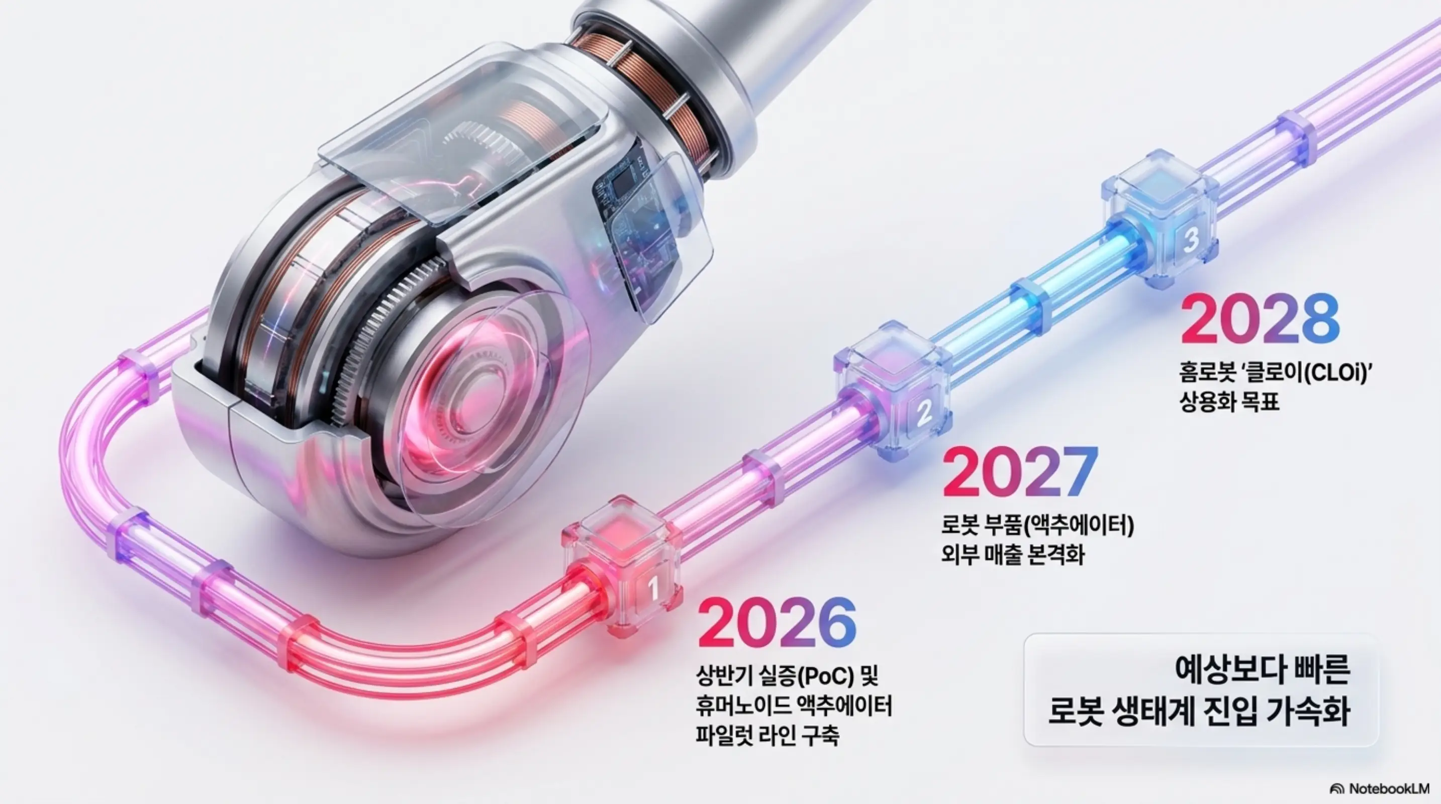 LG전자 로봇 사업 로드맵을 2026년부터 2028년까지 타임라인으로 정리한 이미지. 2026년 PoC 실증 및 액추에이터 파일럿 라인 구축과 2027년 외부 매출 본격화 그리고 2028년 홈로봇 클로이드 상용화 목표를 단계별로 보여주며 LG전자 로봇 관련주 전망을 시각적으로 전달함
