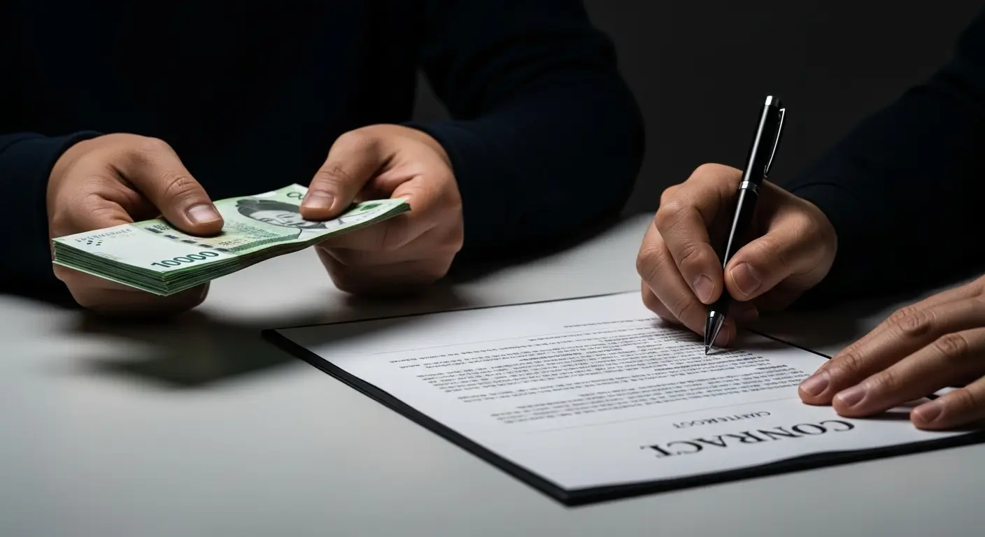 작은 현금 뭉치를 받는 대가로, 크고 부담스러워 보이는 계약서에 서명하는 모습 (대출의 위험성)