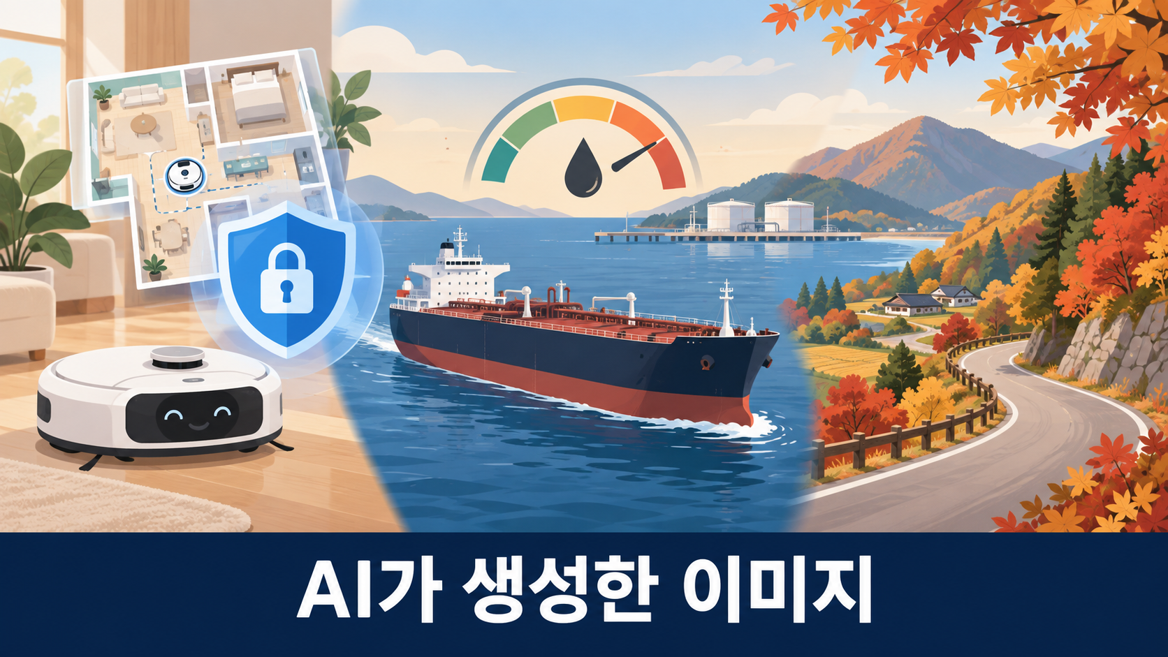 로봇청소기 개인정보 점검, 원유 수급, 추석 성묘 임도 개방을 표현한 개념 일러스트. 이미지 하단에 AI가 생성한 이미지 문구가 표시되어 있습니다.