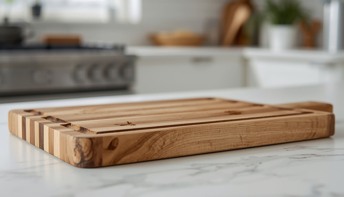 칼자국이 난 나무 도마의 상세한 모습