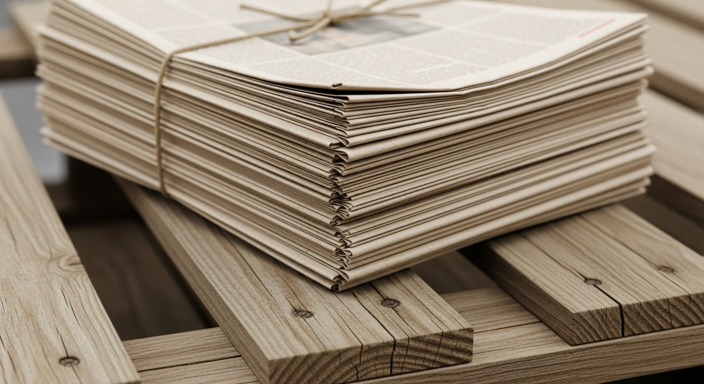 나무 팔레트 위에 정돈된 신문 묶음