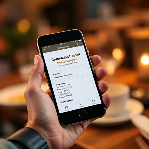 스마트폰 앱을 통해 레스토랑 예약 보증금을 결제하는 손님의 손을 클로즈업합니다. 결제 완료 화면에는 '예약 보증금 결제 완료' 메시지와 함께 예약 상세 내역이 보입니다.