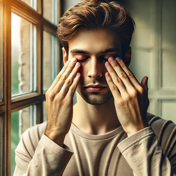 창가에서 눈 주위를 눌러 피로를 완화하는 눈 스트레칭 중인 젊은 남성의 초고해상도 사진