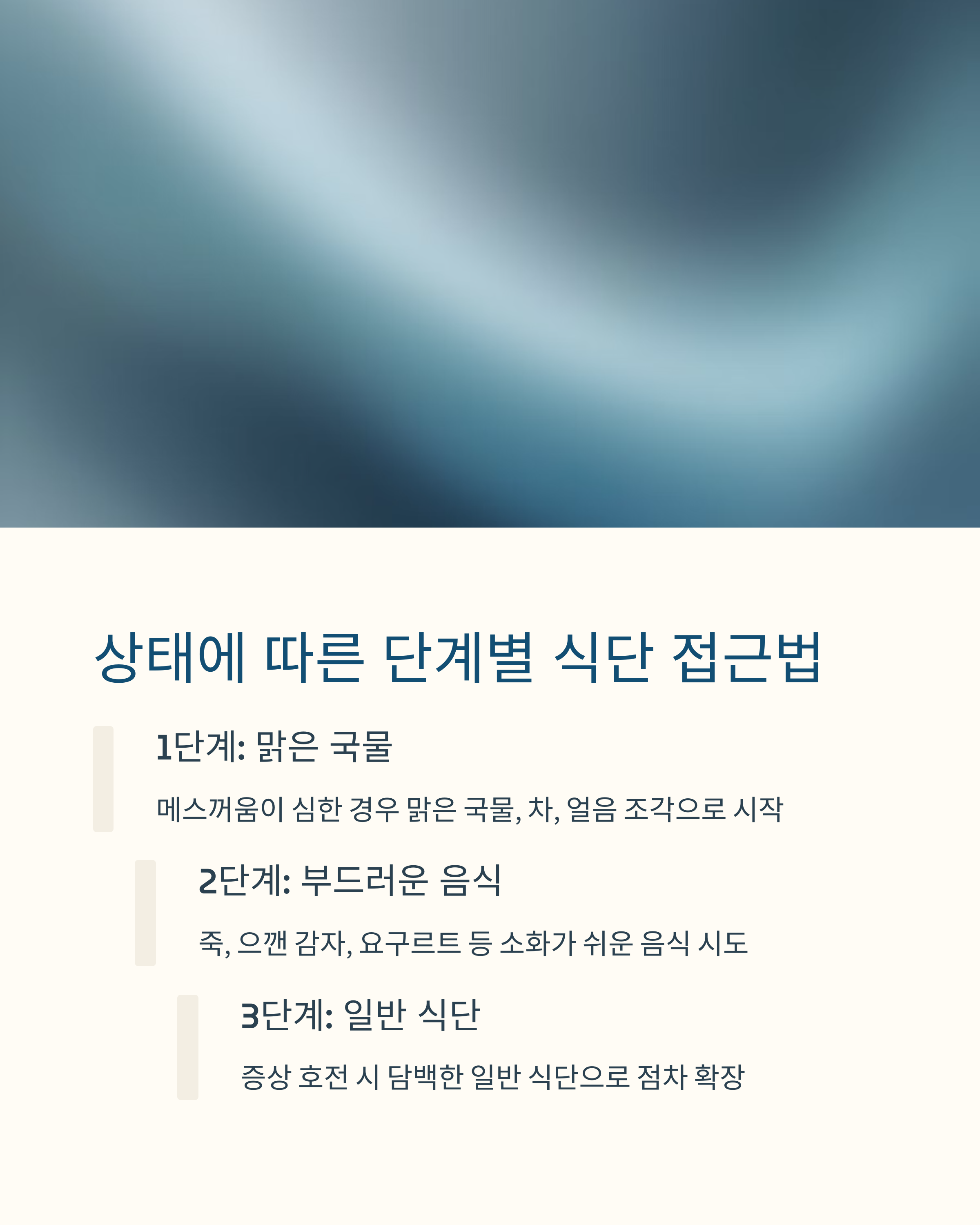 메스꺼움 정도에 따른 단계별 식단 접근법