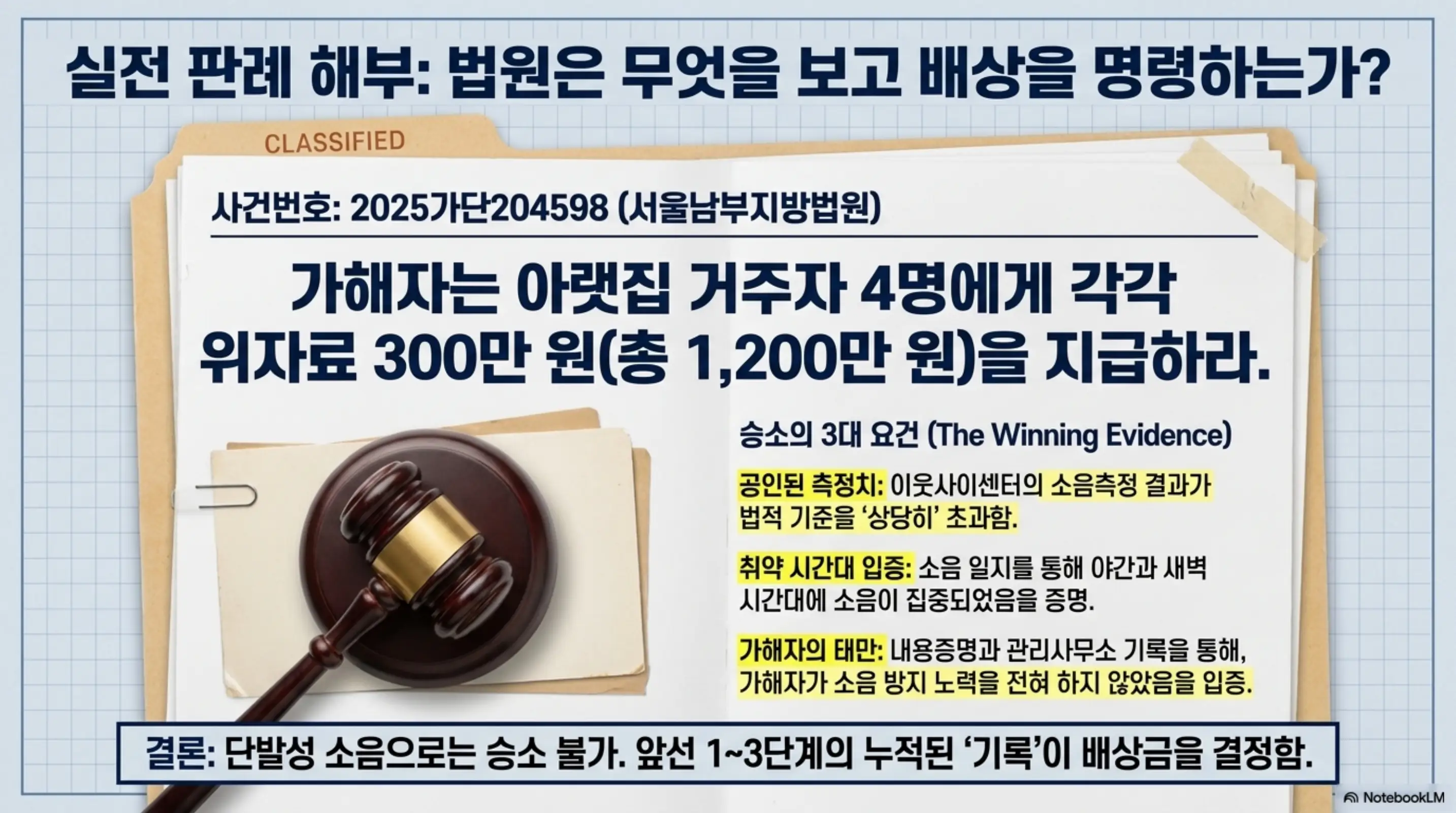 층간소음 법적기준: 서울남부지방법원 2025가단204598 판결의 승소 3대 요건(공인 측정치&middot;야간 집중&middot;가해자 태만)을 정리한 인포그래픽 이미지. 이 이미지는 층간소음 판례에서 위자료 300만 원이 인정된 근거를 시각적으로 전달하며&amp;#44; 블로그의 층간소음 판례 및 손해배상과 관련된 내용을 설명함 
