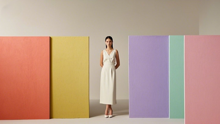 여러 색 앞에 선 모델의 모습으로, 나에게 어울리는 컬러를 생각해보게 하는 이미지입니다.