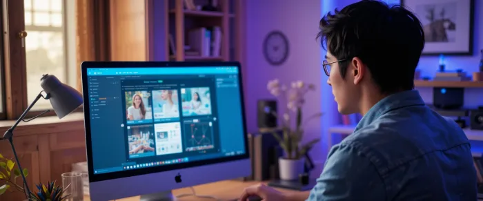 컴퓨터로 캔바 작업하는 모습