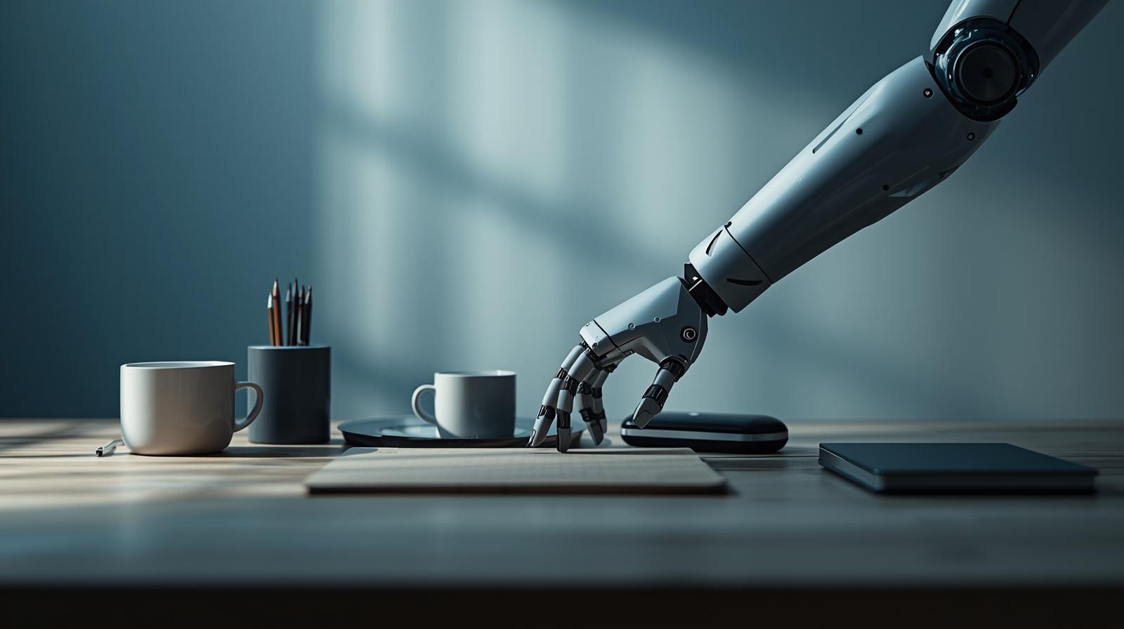 로봇 팔이 책상 위 사물을 조작하는 모습으로 표현한 피지컬 AI의 일상적 활용 장면
📌 태그